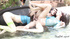 Pretty threesome rough wild sex by the pool