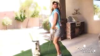 rich blonde golfs backyard