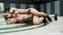 Asian brunette with fake boobs fights a blonde wrestler